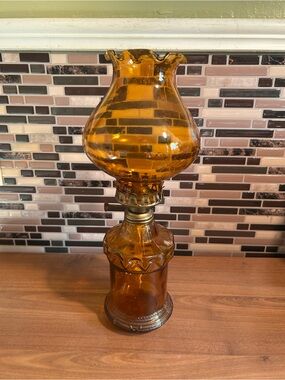 Vintage K&T Handcraft Japan Amber Glass Hurricane Lamp - Home Accents